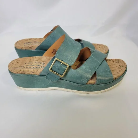 Kork-Ease Womens Callie Sandals Slides Wedge Heel Tan Teal Blue Leather Size 10M - Picture 2 of 9